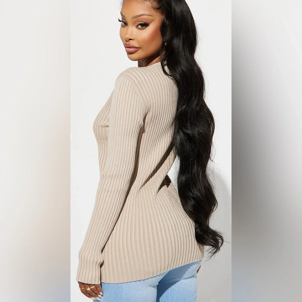 Beige Ribbed Button-Up Cardigan - Picture 3 of 3